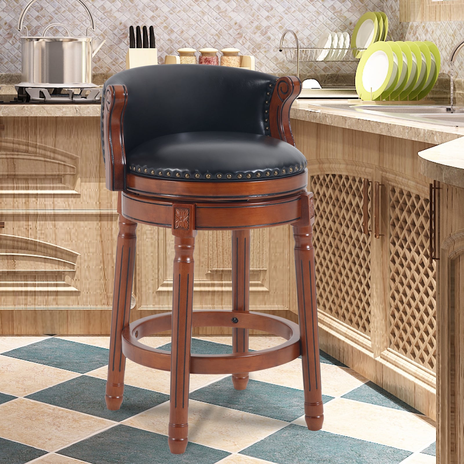 Seat height 26'' Cow top Leather Wooden Bar Stools, 360 Degree Swivel Bar Height Chair with Backs for Home Kitchen Counter